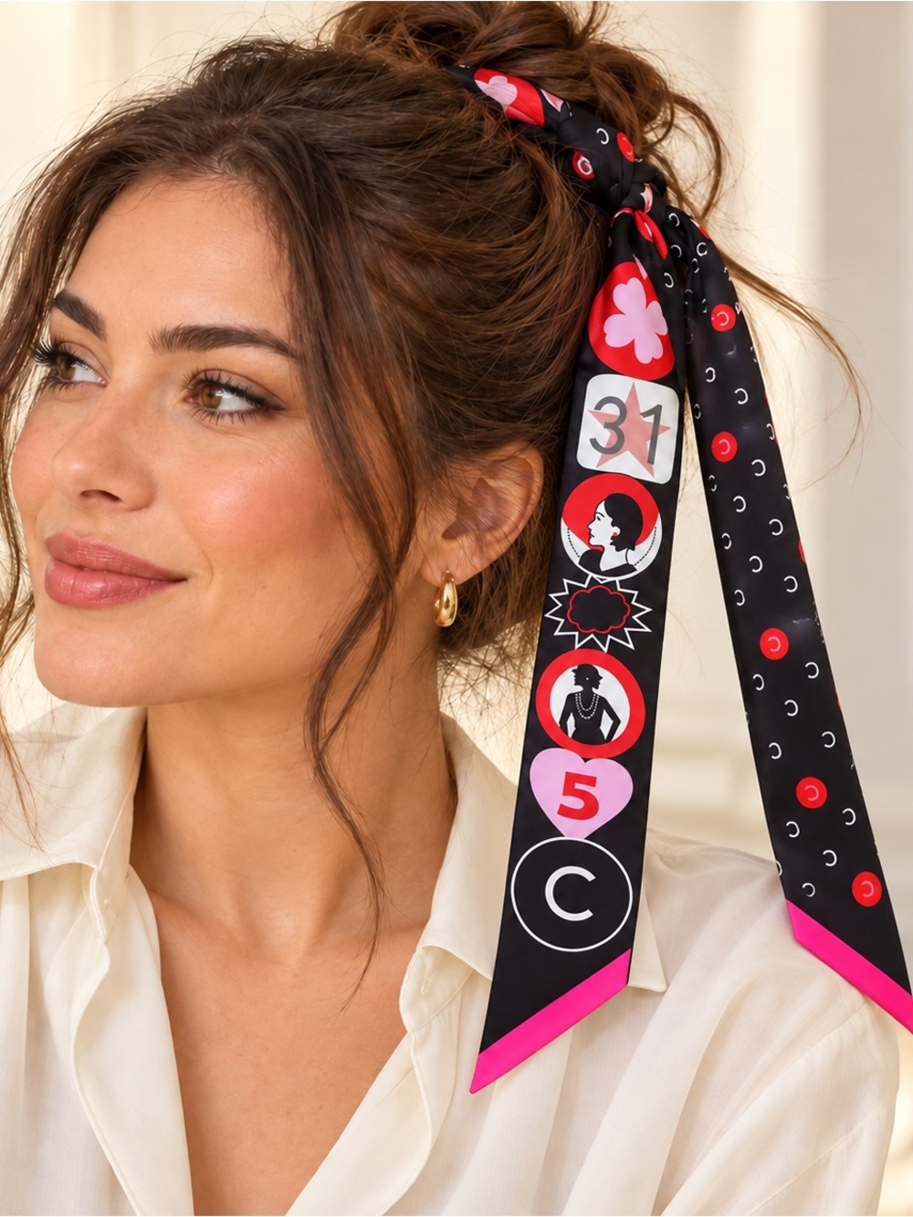 Black & Pink Graphic Twilly Skinny Scarf 🖤🩷 Designer Inspired